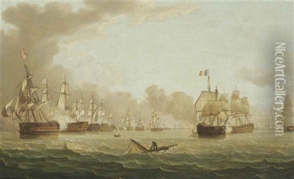 Trafalgar, 21st October: H.m.s. Victory Breaking Through The Enemy Line Oil Painting - Thomas Buttersworth