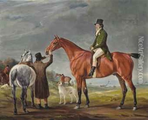 Frank Nedham Of Hungerton, Leicestershire, On A Bay Hunter, With His Groom Sam Champan Oil Painting - John E. Ferneley