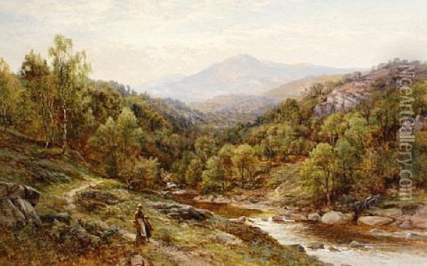 A Mother And Child Walking Beside A River Oil Painting - Alfred Augustus Glendening Sr.