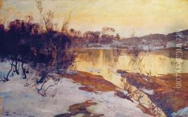 Vinterlandskap Med Elv Oil Painting - Even Ulving
