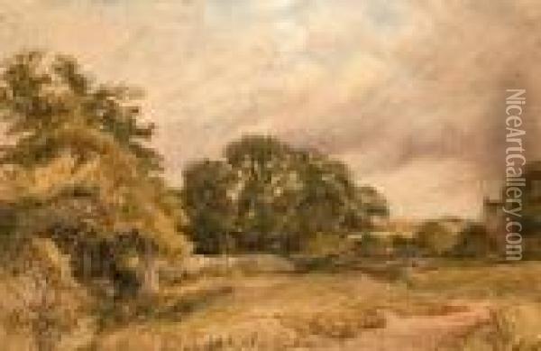 Figure On A Country Path With A Cottage Oil Painting - David I Cox
