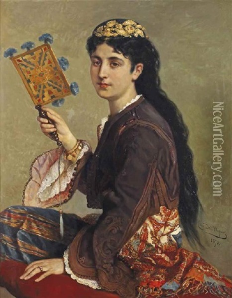 L'eventail (levantine D'alexandrie D'egypte); Lady Of Alexandria With A Fan Oil Painting - Cesare Felix Georges dell' Acqua