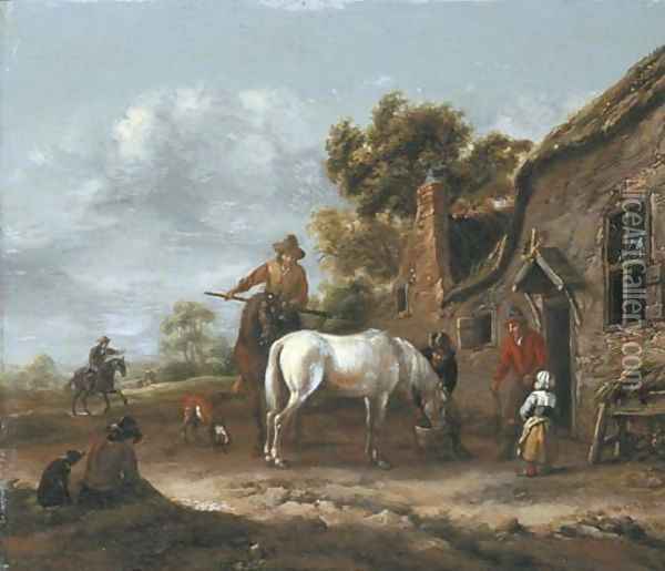 Travellers resting and watering their horses at a tavern Oil Painting - Barent Gael
