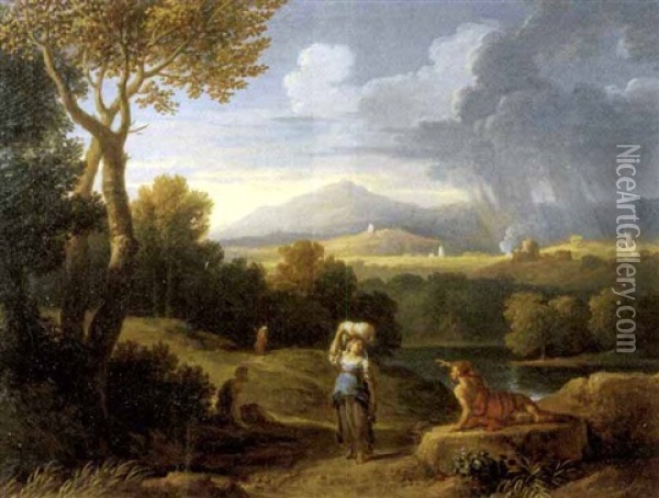 Paesaggio Laziale Con Astanti In Primo Piano Nei Pressi Di Un Fiume Oil Painting - Jan Frans van Bloemen