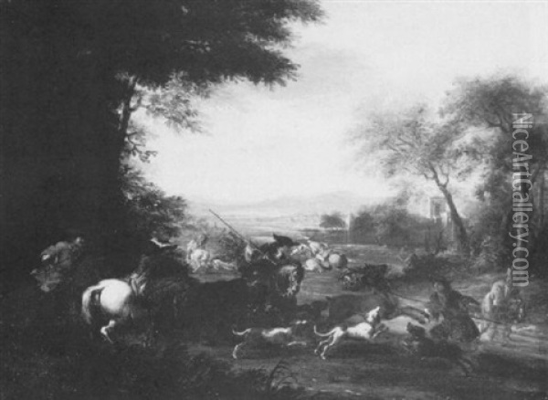Extensive Landscape With A Stag Hunt Oil Painting - Dirk Maes