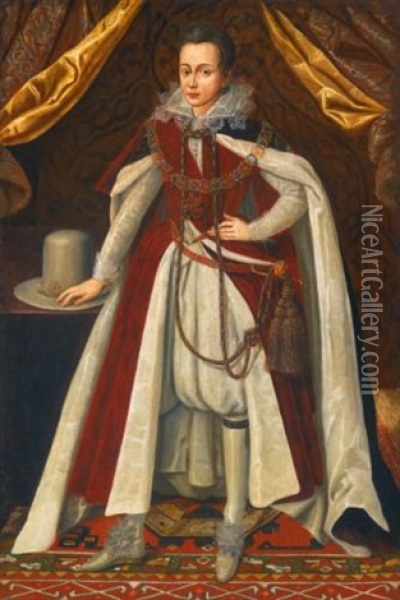 Portrait Of Charles, Duke Of York, Later King Charles I, In Garter Robes Oil Painting - Robert Peake the Elder