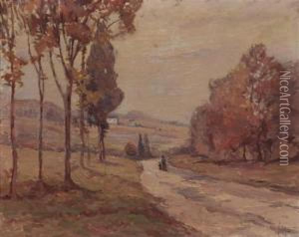 Landscape Painting With Woman And Child Walking Down Path Oil Painting - Edgar Hewitt Nye