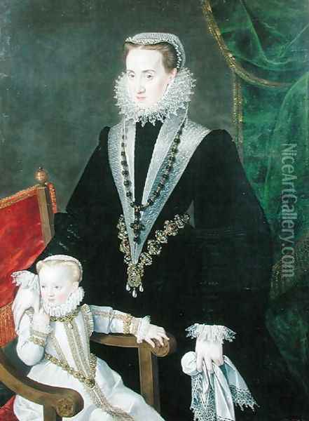 Portrait of Donna Maria Maximiliana Manrique de Lara c.1535-1608 and child Oil Painting - Georges van der (Jorge de la Rua) Straeten