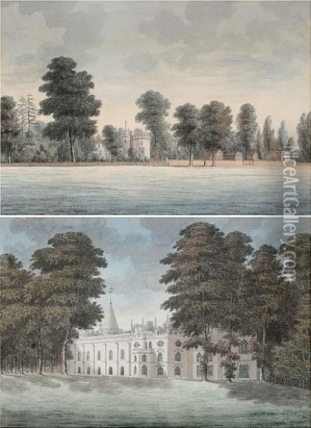 A Country House In Trees; And Another A Gatehouse And Park Enclosure, A Pair Oil Painting - J. P. Neale