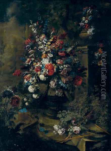 Roses, tulips, hydrangea and other flowers in an urn, a second urn on a pedestal, a landscape beyond Oil Painting - Andrea Belvedere