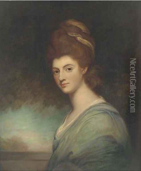 Portrait of a lady, bust-length, in a turquoise dress Oil Painting - George Romney