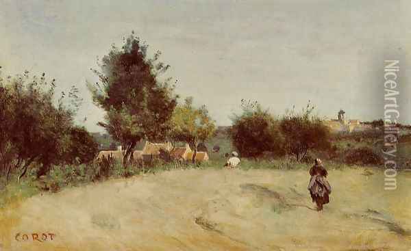 Field above the Village Oil Painting - Jean-Baptiste-Camille Corot