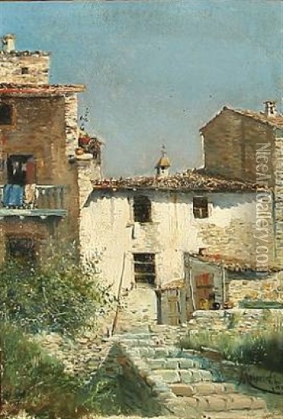 In A Spanish Village Oil Painting - Eliseo Meifren y Roig