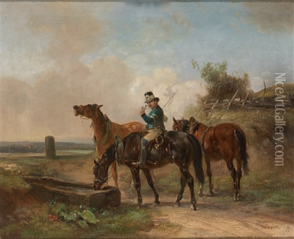 Postillon Mit Drei Pferden An Der Tranke Oil Painting - Ernst Bosch