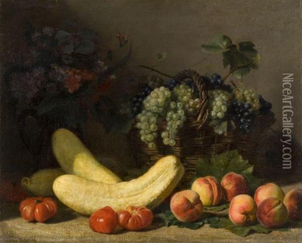 Nature Morte Aux Peches, Tomates, Raisins Et Courges Oil Painting - Jacques Delanoy