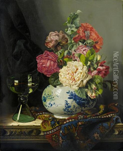 Roses In A Blue And White Vase With A Roemer And A Turkish Carpet Oil Painting - Edward Ladell