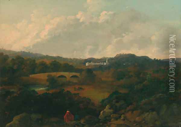 An extensive landscape with a country house beyond and figures in the foreground Oil Painting - George Cubitt