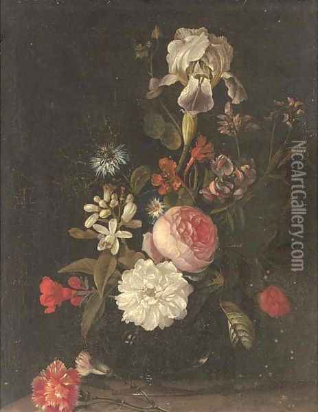 Carnations, narcissi, roses, an iris and other flowers in a glass vase on a ledge Oil Painting - Elias van den Broeck