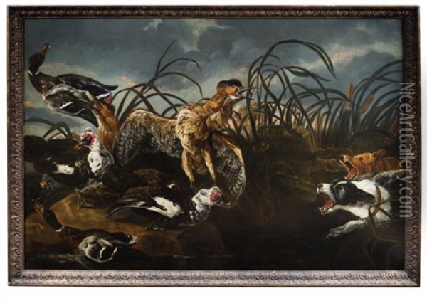 Butor Et Canards Attaque Par Deux Chiens Oil Painting - Paul de Vos
