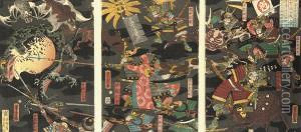 A Triptych Showing Sato Masakiyo
 In Battle With Various Animal Monsters, A Giant Toad On The Left, 
Signed Oil Painting - Utagawa Yoshitora