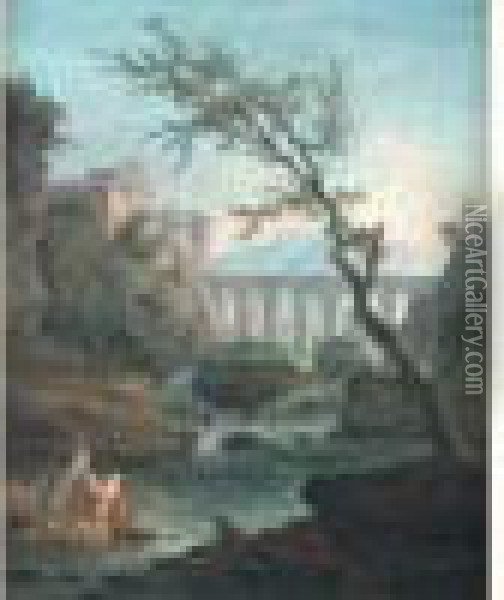 Paysage Au Pont De Pierre Avec Des Lavandieres Pres D'une Cascade Oil Painting - Hubert Robert