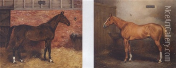 Portraet Af Brune Heste I En Stald Oil Painting - Geoffrey Douglas Giles