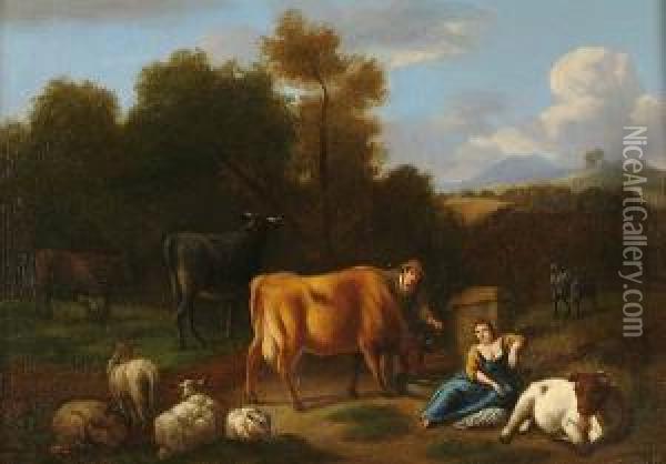 A Shepherd And Shepherdess With Sheep And Cattle In An Italianate Landscape Oil Painting - Dirk van Bergen