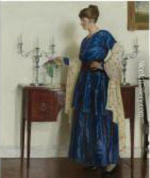 Woman By The Sideboard, Portrait Of The Artist's Wifegertrude Oil Painting - Harvey Harold