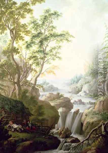 A Rocky Woodland Landscape with a Waterfall Oil Painting - Johan the Elder Pasch