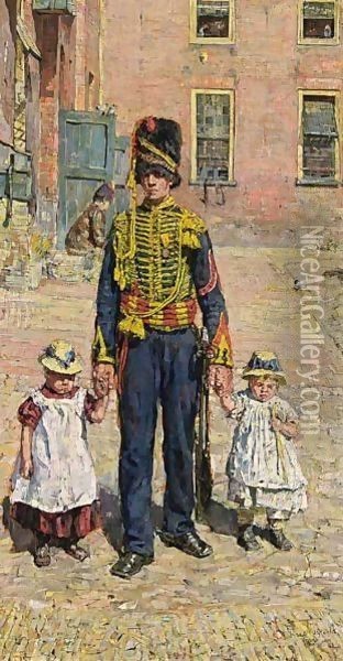 A Soldier With Two Children Oil Painting - Isaac Israels