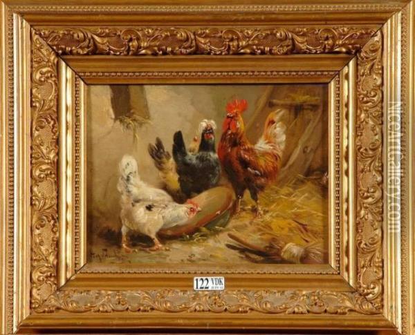 Coq Et Poules Sur La Paille Oil Painting - Henry Schouten