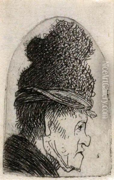 Grotesque Profile: Man In A High Cap Oil Painting - Rembrandt Van Rijn