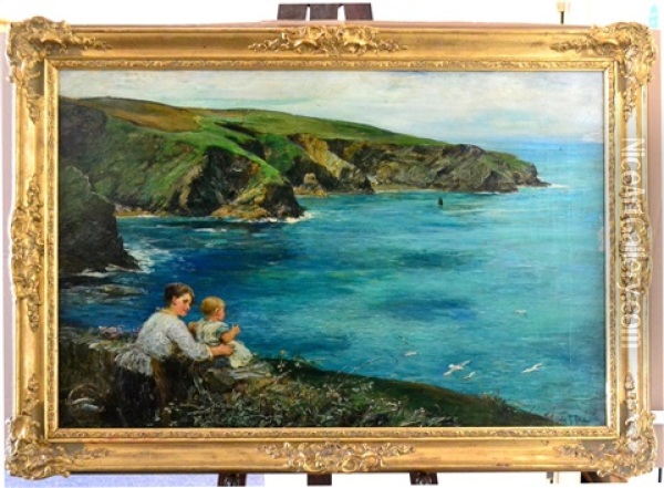 Mother And Child Seated On Headland Looking Out To Sea Oil Painting - John Robertson Reid
