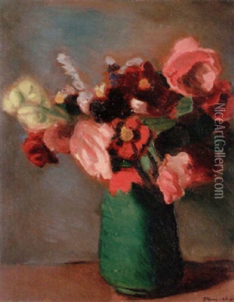 Still Life With Flowers In A Green Vase Oil Painting - Bernard Meninsky