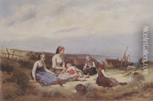 Repos De La Famille Sur La Greve Oil Painting - Charles Auguste Romain Lobbedez