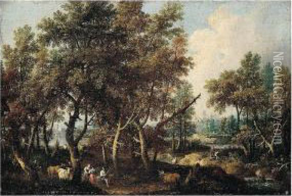 A Pastoral Landscape With Figures And Cattle Rested In A Wooded River Landscape Oil Painting - Gianbattista Cimaroli