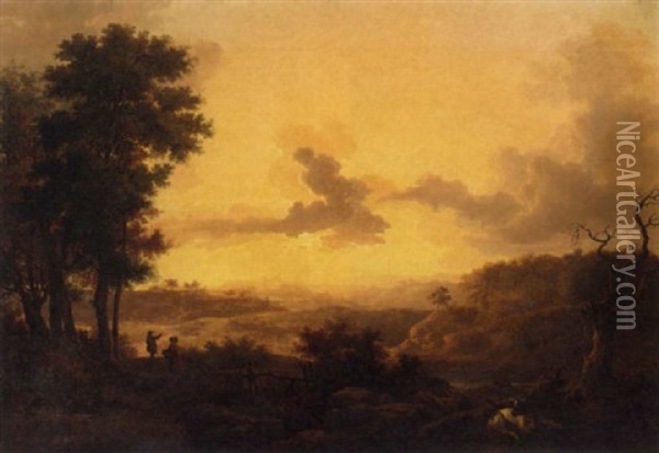 An Extensive Valley Landscape At Sunset With Figures And Cattle Oil Painting - Philip James de Loutherbourg