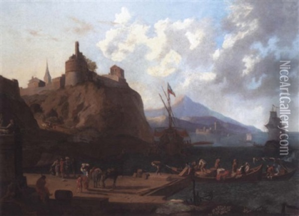 A Mediterranean Harbour Scene With Numerous Figures On A Quay Beneath A Fort Oil Painting - Adriaen Van Der Cabel