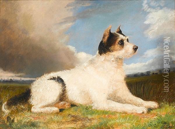 A Terrier In A Landscape Oil Painting - George Havell