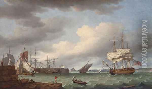 A view of St. Helier, Jersey, with Elizabeth Castle beyond Oil Painting - Thomas Whitcombe