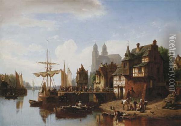 A Busy Quay In A German Town Oil Painting - Hermann Meyerheim