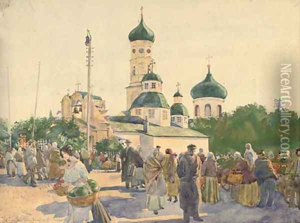 In a Russian market square Oil Painting - Russian School