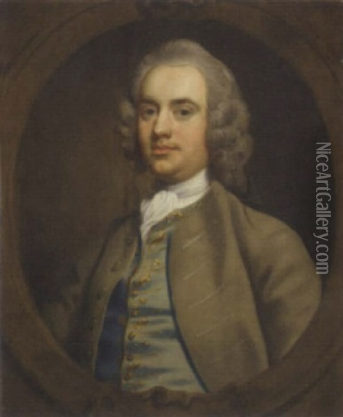 Portrait Of Francis Turner Esq. Of Ullesley Court, Warwick, In A Light Brown Jacket And Blue Waistcoat Oil Painting - Joseph Highmore
