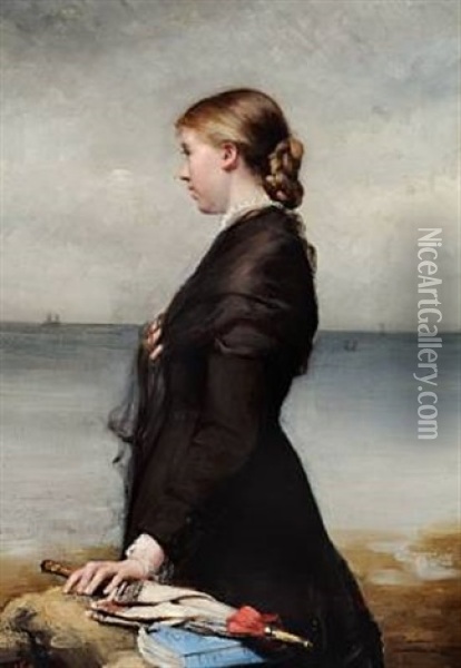 Young Woman At The Sea With A Parasol And A Book Oil Painting - Leis (Georgia Elise) Schjelderup