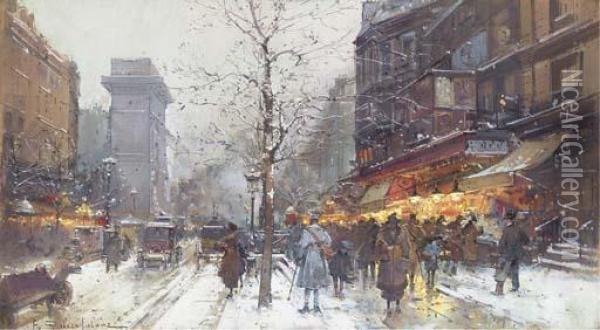 Boulevard St Denis In The Snow Oil Painting - Eugene Galien-Laloue