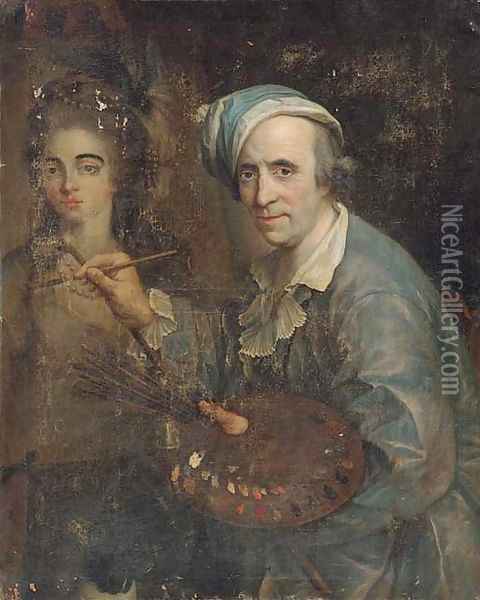 Self-portrait of an artist painting a female portrait Oil Painting - Johann Heinrich The Elder Tischbein
