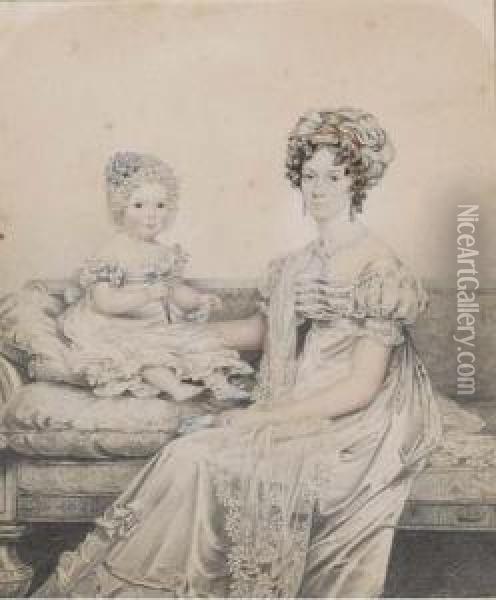 Portrait Of A Mother And Child, 
Said To Be Rebe Lowndes And Rebe Mary Lowndes, Seated On A Regency Sofa,
 The Child Holding A Rattle Oil Painting - Henry Edridge