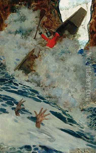 The Boat and I Went by him with a Rush, from Sinbad on Burrator, by Arthur Quiller-Couch 1863-1944, published in Scribners Magazine, August 1902 Oil Painting - Howard Pyle