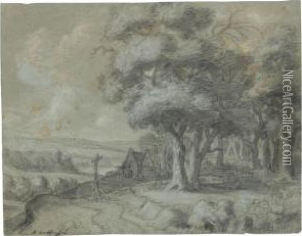 Panoramic Landsape With A House By Woods To The Right, A Cross And Distant Village To The Left Oil Painting - Aernout Ter Himpel