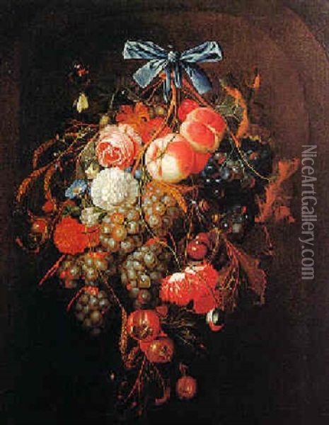 Blumen Und Fruchtegebinde Mit Insekten Oil Painting - Cornelis De Heem